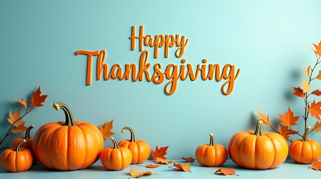 Floating pumpkins arranged around a modern Thanksgiving message on a clean sky-blue backdrop - Powered by Adobe
