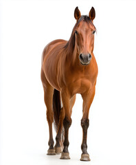 Obraz premium Brown horse standing confidently isolated on white background.