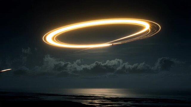 night sky with a pale yellow glowing ring in it, a rocket flying across and leaving behind trails that form another semi-circular halo around its tail. The background is a dark black