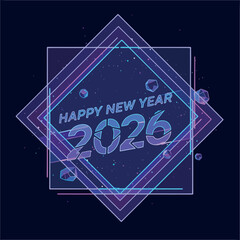 Happy new year 2026 futuristic neon geometric design with glowing particles and abstract shapes in deep blue color palette