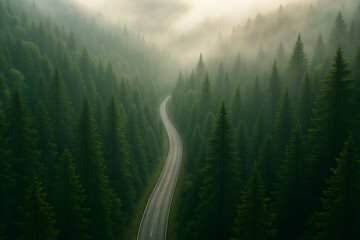 Curved road winding through dense misty pine forest at sunrise, scenic landscape, travel and adventure nature concept