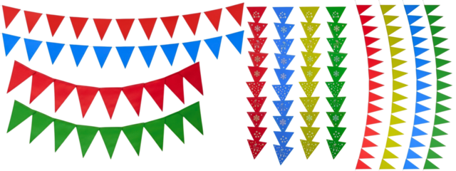 Colorful triangle pennant banners, garlands, and rows. The colors include red, blue, green, and yellow; perfect for a festive design.

