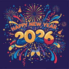 Happy new year 2026 celebration with fireworks, confetti, party hats, and champagne toast vibrant festive illustration