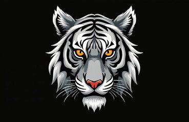 Fototapeta premium Gray tiger face with bright orange eyes and black stripes stares intensely forward against dark background. Fierce predator illustration conveys power and strength, often used for logos or tribal art.