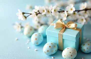 Light blue gift box with golden ribbon and pastel Easter eggs. Delicate white blossoms and spring petals create a serene holiday mood. Celebrate renewal and tradition with bright spring decor.