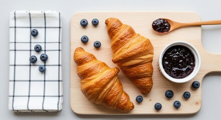 Golden croissants with blueberry jam and fresh berries on a wooden board