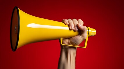 Hand holding a yellow megaphone against a red background.