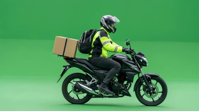 Delivery man on motorcycle with box and backpack against green screen. Online delivery service for fast shipping. Parcel transportation chromakey scene.