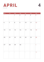 Monthly page Calendar Planner Template design of April 2026. Vector layout of calendar with week start Monday for Scheduling. Page for size A4 or 21x29.7 cm