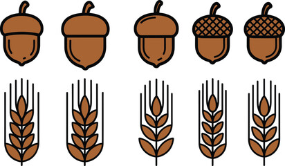 acorn icons, wheat icons, autumn harvest symbols, fall season graphics, outline icons, filled icons, nature elements, rustic food symbols © Vactor Creatives