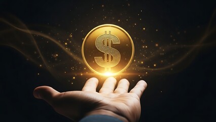 Hand Reaching for a Glowing Dollar Coin in Dark Space.