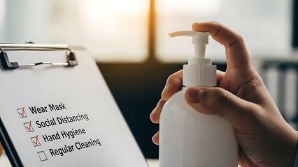 Hand Sanitizer and Checklist for COVID-19 Prevention Measures.