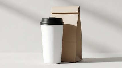 White coffee cup and brown paper bag on a white background with shadows.