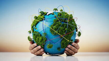 Hands Holding Earth Globe with Greenery and Connections.