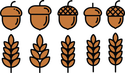 acorn icons, wheat icons, autumn harvest symbols, fall season graphics, outline icons, filled icons, nature elements, rustic food symbols © Vactor Creatives