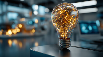 Innovative light bulb concept futuristic laboratory 3D rendering, high-tech environment closeup view, creativity and technology visualization, innovation metaphor, ideation concept