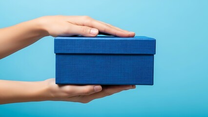 Hands Presenting a Blue Gift Box on Blue Background.