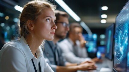 Team of faceless analysts working on real-time data visualization project in modern security operation center, defocused monitoring session, cybersecurity analysis, threat detectio