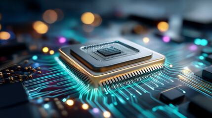 Stunning detail of modern CPU chip, perfect for tech innovation or computer science projects, showcasing advanced technology and cutting-edge design, digital future, semiconductor 