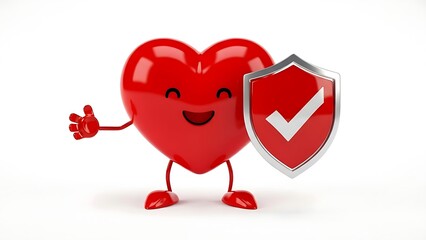 Heart character protecting itself with a shield, health concept.