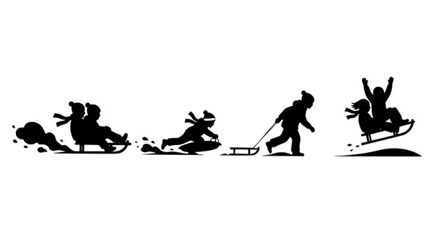 Kids Sledding Winter Silhouettes Set
