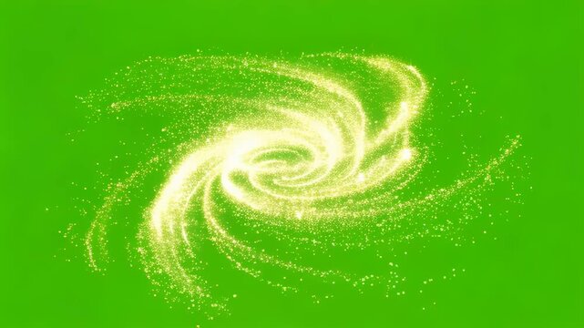 Shining golden glitter swirls through a magical particle effect on chromakey green screen. Abstract motion graphics element.