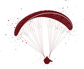 Paragliding Silhouette with Abstract Maroon Splatter Background Representing Extreme Sport, Adventure, Freedom, Thrill, Travel, and Sky Diving Vector Graphic Art.
