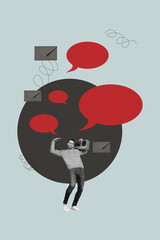 Collage of people chatting through devices with speech bubbles letters showing digital communication business private life concept