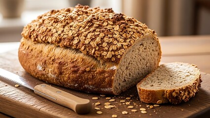 Hearty Oat Bread Loaf with Slice on Wooden Cutting Board.