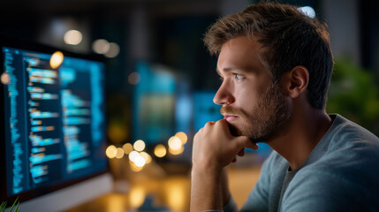 Forward-thinking faceless developer scripting advanced software for future projects, defocused programming session, software engineering work, code development moment, innovative t