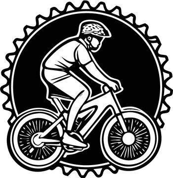 Mountain Biker Cyclist Riding Badge Gear Frame Vector Logo Illustration