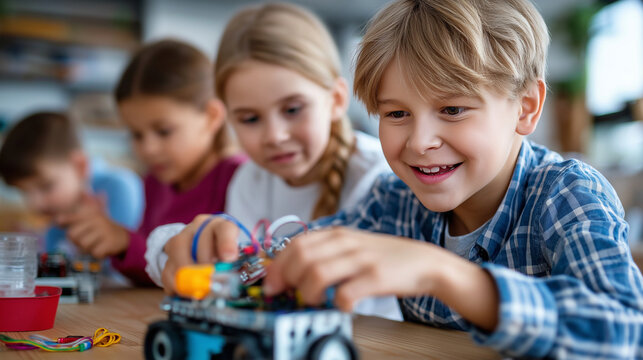 Children working on robot project in classroom, young students learning robotics, STEM education activity, hands-on technology learning, educational innovation session, youth engin - Powered by Adobe
