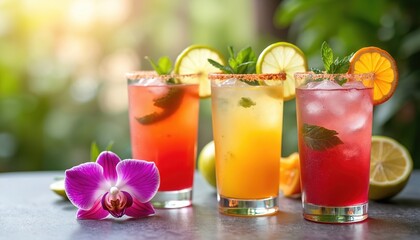 Fototapeta premium Refreshing Mexican beverages with fruit garnishes, ice, and mint sit outdoors. Colorful drinks have rimmed glasses and tropical plant background, perfect for summer promotions.