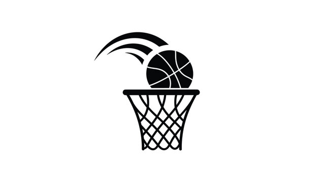 A black and white illustration of a basketball going through a hoop