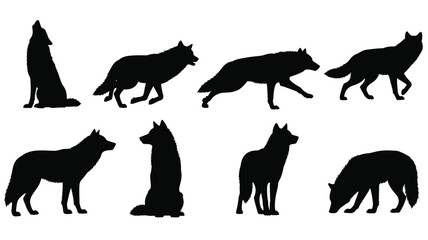 A collection of black wolf silhouettes in various poses and perspectives