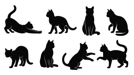 Various silhouettes of cats in different poses against a white background