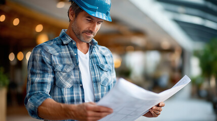 Faceless architect reviews blueprints in renovation planning session builds construction projects concept, defocused building plan analysis, architectural review moment, project as
