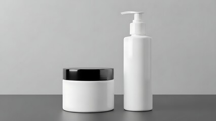 White cosmetic pump bottle and jar with black lid on a grey background.