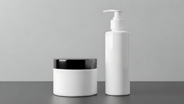 White cosmetic pump bottle and jar with black lid on a grey background.