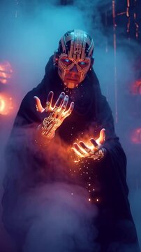  generative animation. cyber monk manipulates  energy	