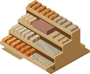 isometric assembly layout, construction materials diagram, stacked wood panels, modular blocks, glass container, metal bars, technical illustration