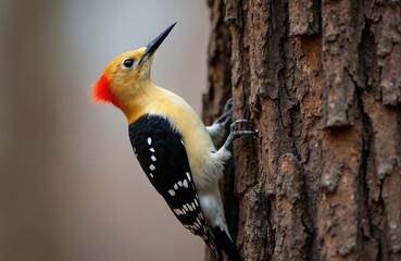 Bright yellow and black woodpecker with red crest grips tree bark. Bird has black and white speckled wings and white chest. Natural forest setting. Close up wildlife photo.