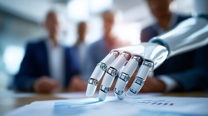 Unique scene depicting advanced technology in workplace where robot hand collaborates with faceless human team members in analyzing detailed business data and strategies, AI human 