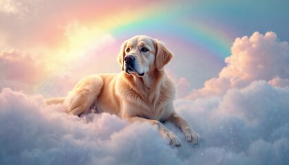 Golden retriever lies on soft clouds under bright rainbow sky. Peaceful canine rests in heaven after journey. Loyal pet finds eternal rest, comfort, and serene bliss.