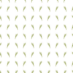 Seamless pattern with small green botanical sprigs arranged in a clean repeating layout on a white background. Ideal for textiles, packaging, wallpaper, and decor.