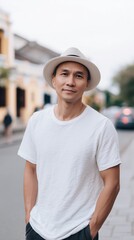 Casual Street Portrait stylish man wearing white shirt hat confidently stands bustling city street, capturing moment