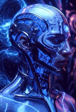  generative animation. cyber monk manipulates  energy	