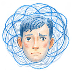 worried young man expressing anxiety with abstract swirls in blue tones