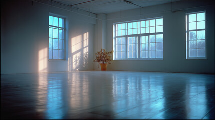 Modern Interior with Natural Light: A sunlit interior space with large windows and a polished floor, bathed in soft, diffused light, exuding an atmosphere of calm and modernity.