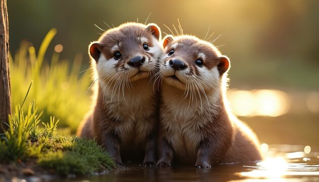 Two cute otters hug each other near water. Animals look at camera with love. Lovely couple in nature. Concept of friendship and animal affection at sunny day. Symbol of romance. - Powered by Adobe